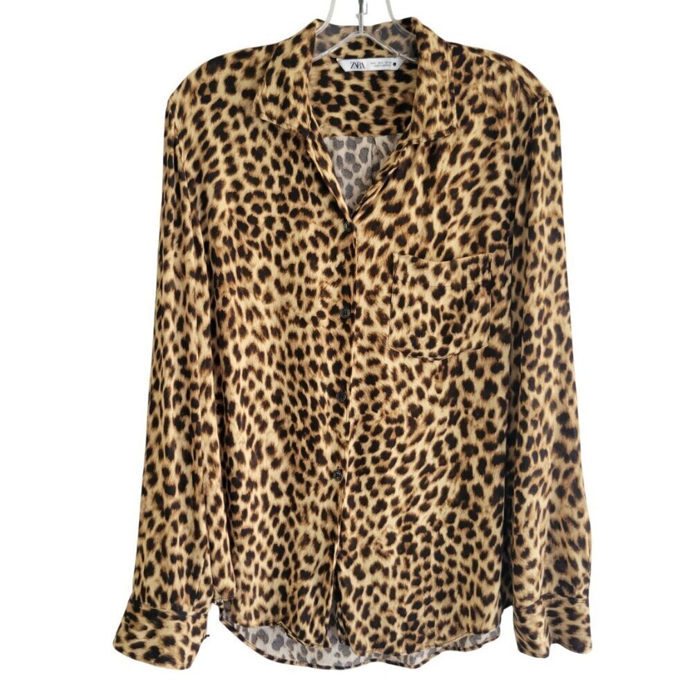 Zara Leopard Print Button Down Oversized Shirt Size Small